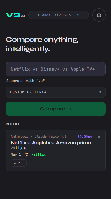 Home screen with comparison input